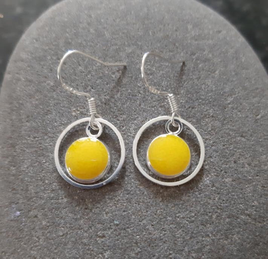 Double Circle Dangle Earrings - Mottled Yellow