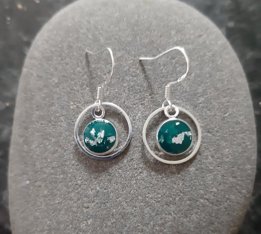 Double Circle Dangle Earrings - Teal & Silver Leaf